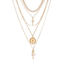 UNIQ Gold Choker Coin Chain Rose Flower Cross Pendant Multilayered Necklaces Jewelry